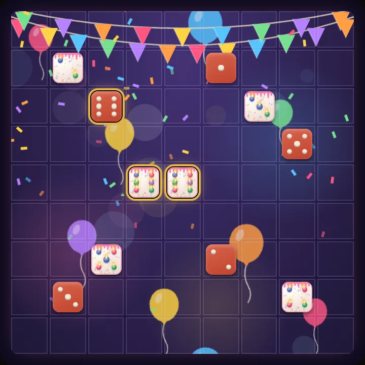 The Balloon Party board with the Birthday Cake die in the middle of a match.
