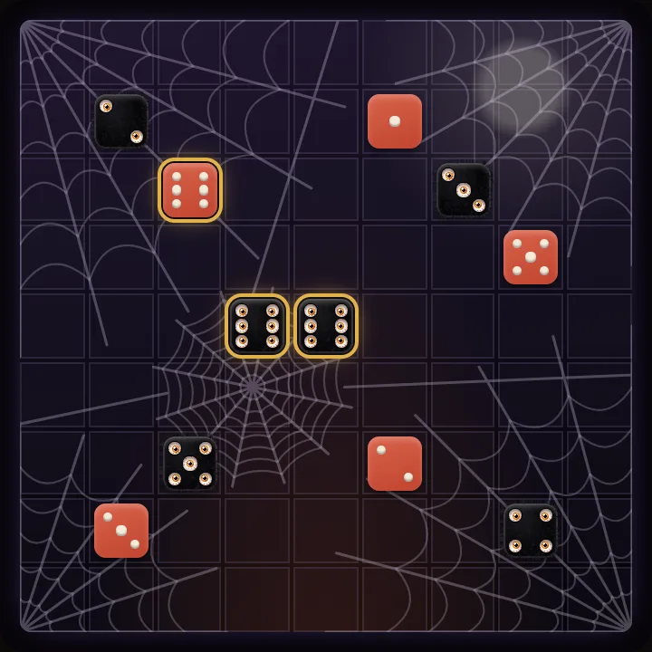 The Spooky Night board with the Spider die in the middle of a match.