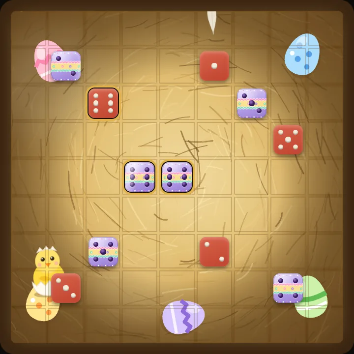 The Easter Nest board with the Easter Egg die in the middle of a match.