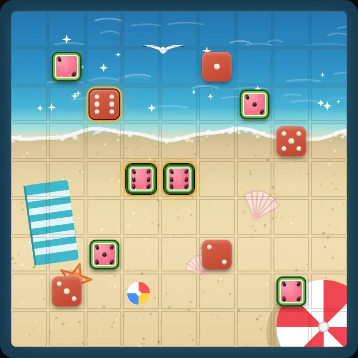 The Summer Beach board with the Watermelon die in the middle of a match.