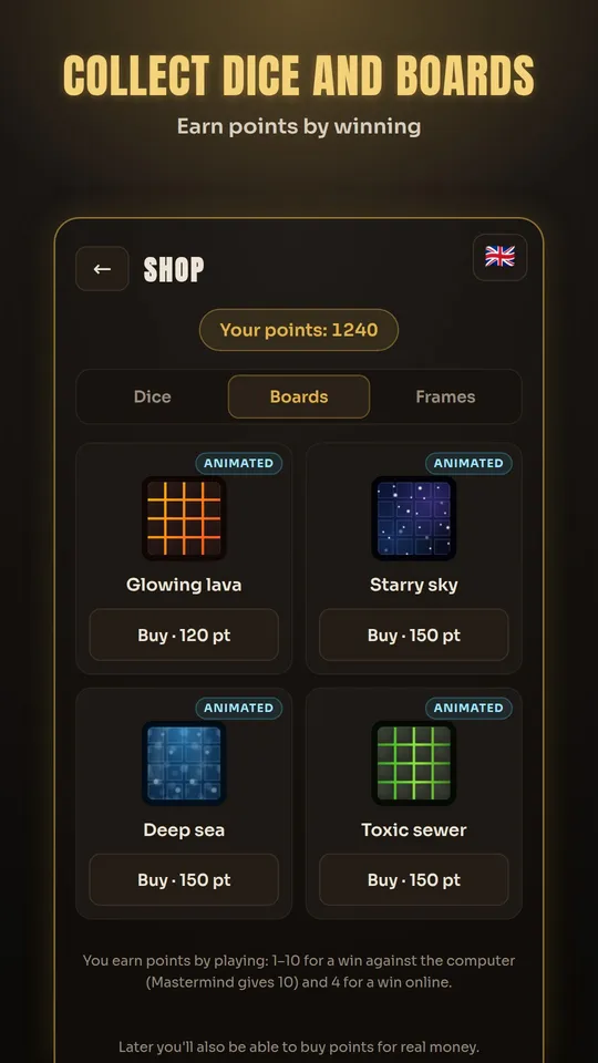 Collect dice and boards: Earn points by winning